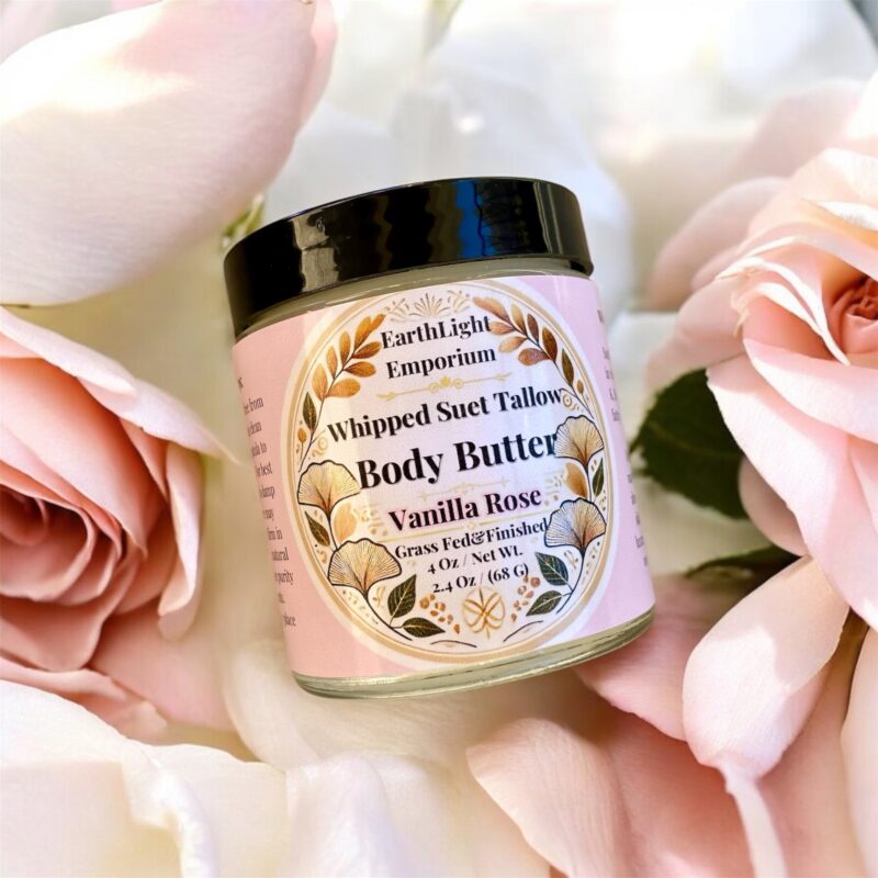 Grass Fed and Finished Whipped Suet Tallow Skin Cream Infused with Organic Madagascar Vanilla Beans and Organic Rose Petals 4 0z/ Net Wt.
2.4 0z./ (68 G)