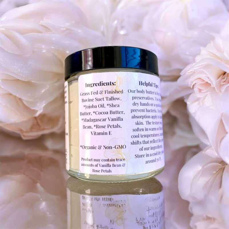 Grass Fed and Finished Whipped Suet Tallow Skin Cream Infused with Organic Madagascar Vanilla Beans and Organic Rose Petals 4 0z/ Net Wt.
2.4 0z./ (68 G) - Image 2