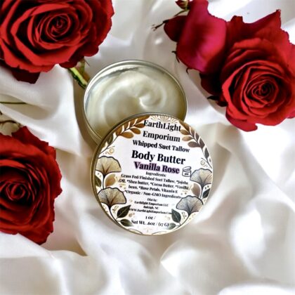 Grass Fed and Finished Whipped Suet Tallow Skin Cream Infused with Organic Madagascar Vanilla Beans and Organic Rose Petals  1 0z/ Net Wt.
.6 0z./ (17 G)